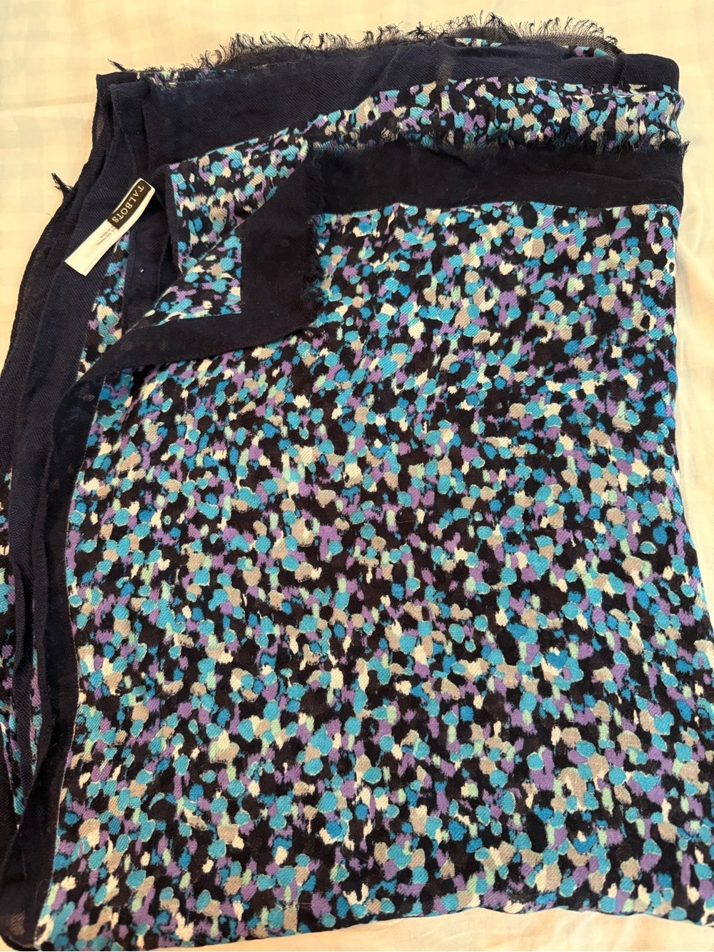 Talbots Navy Patterned Fringe Scarf with Teal and Lavender Accents